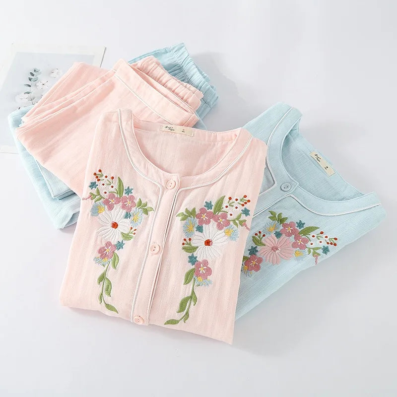 Women 100%Cotton Pajama Style Sleepwear Nightwear embroidery Summer Women's Short Sleeved Long Pants Cardigan Pajama Set