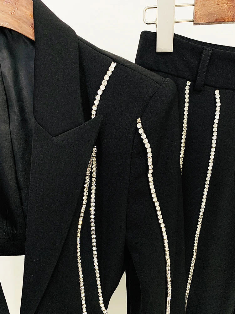 HIGH STREET Newest Fashion 2026 Designer Suit Set Women's Single Button Hollow Out Diamonds Beaded Blazer Flare Pants Set