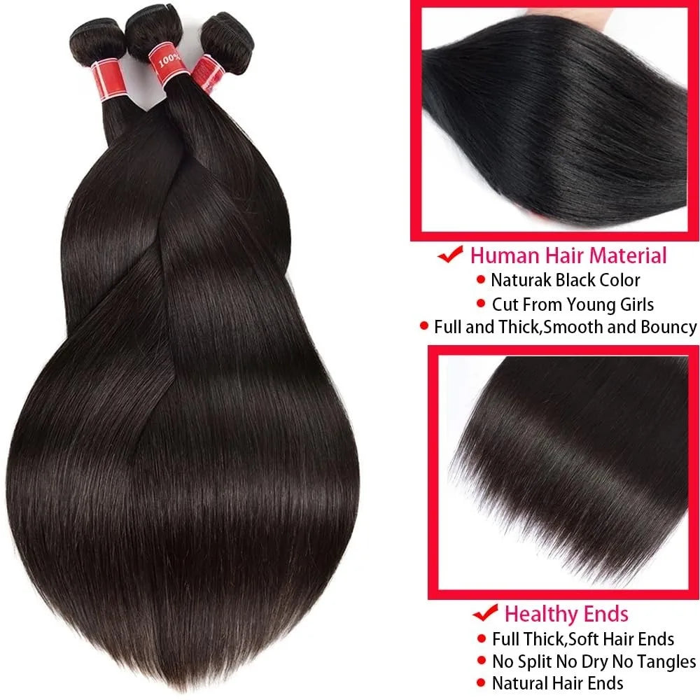 Human Hair Bundles Straight 12-32Inch Unprocessed Brazilian Hair Weave 3 Bundles Silky Black Hair Extensions Raw Quick Weave
