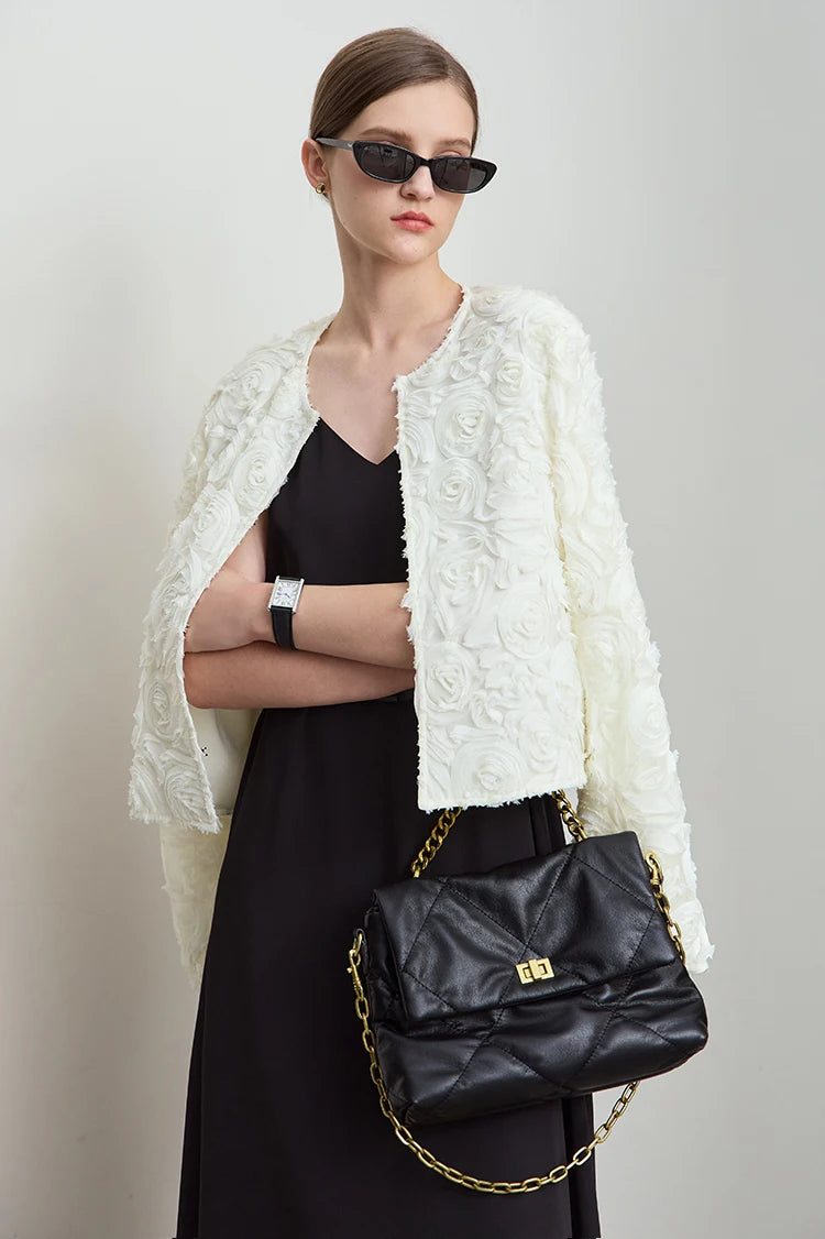 AMII Minimalism Short Jacket Women 2025 Autumn Elegant Floral O Neck Coat
