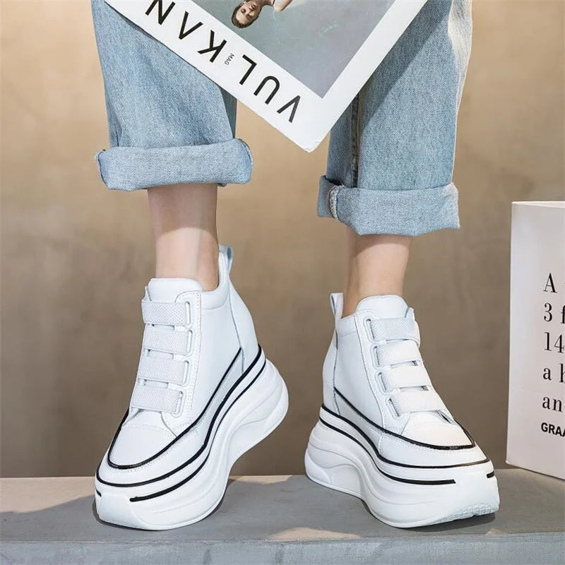 10cm Genuine Leather Platform Wedge Mid Calf Ankle Motorcycle Booties Non Slip Hidden Heel New Women Slip-On Autumn Spring Shoes
