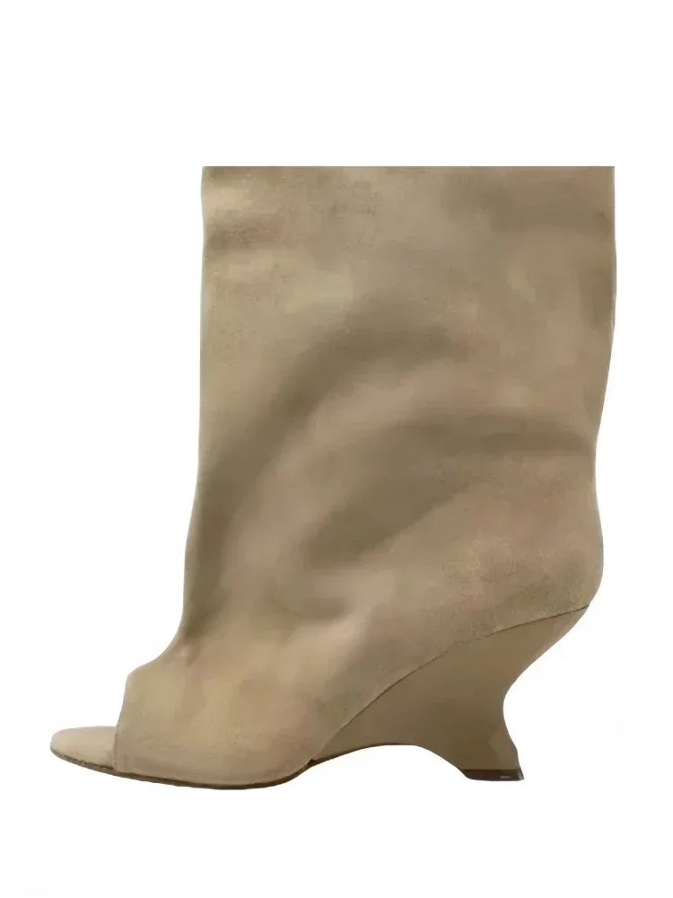 2025 European AndAmerican Nichedesign Versatileopen Toe Long Tube Cool Boots for Women, Crocodile Patterned Irregular High Heels