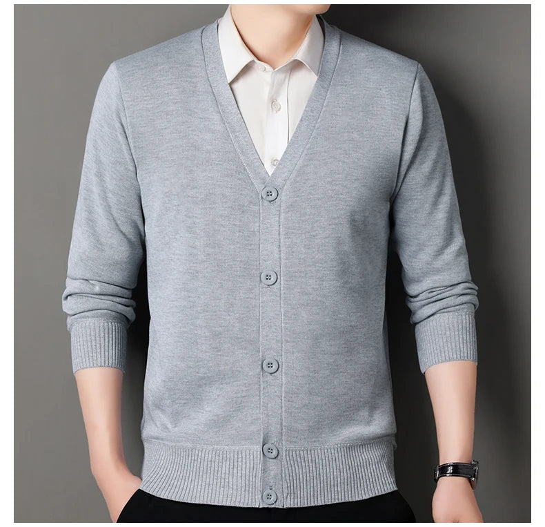 Mens Autumn Clothes Fleece Cardigan Jacket Knitted Sweater Outwear V-neck Fashion Cardigans Warm Men's Top