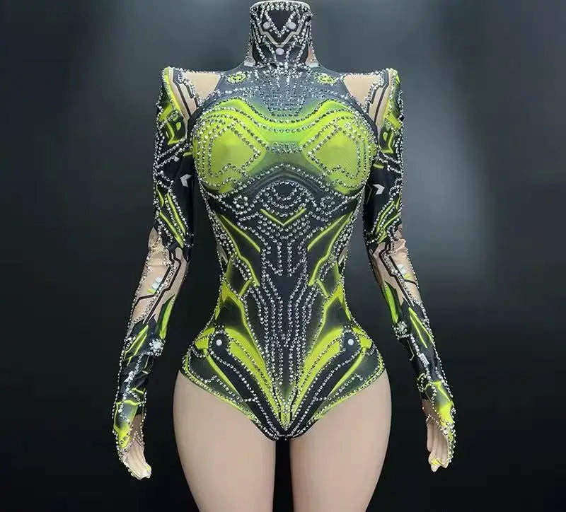 singer's commercial performance, dazzling performance outfit European and American sexy wormhole perspective triangle jumpsuit