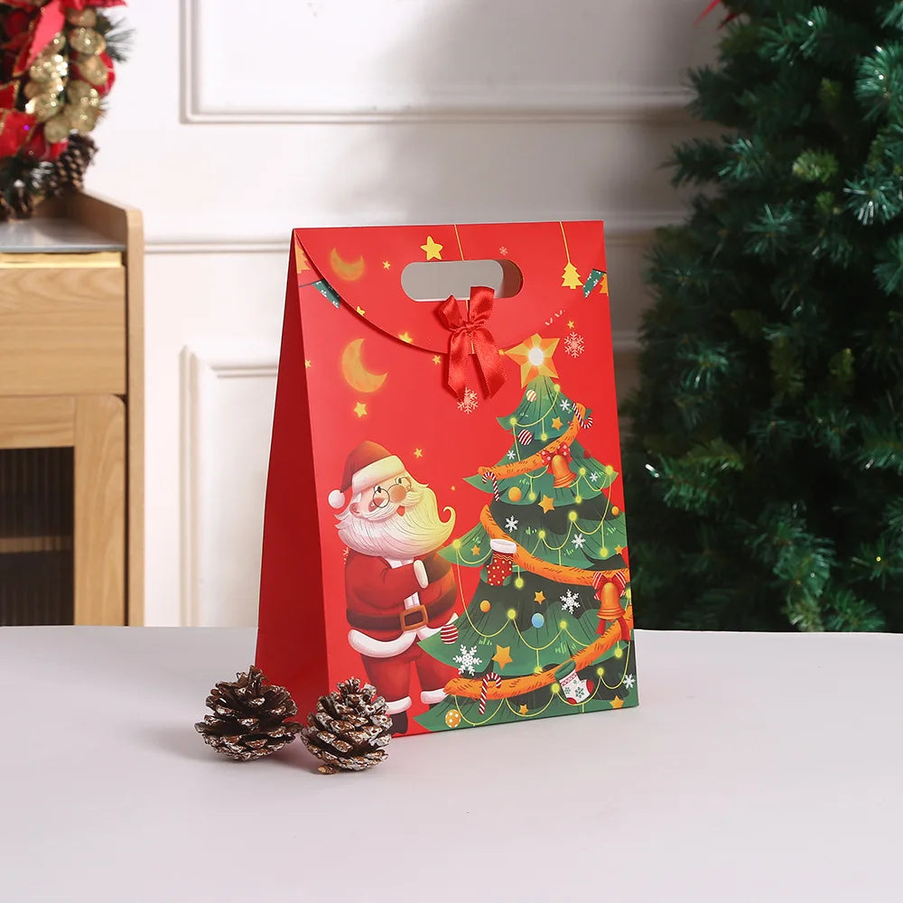 4pcs/12pcs Christmas Paper Red Bag With Ribbon Candy Gift Bags Wrapping Chocolate Desserts Snack Spring Festival Suppily