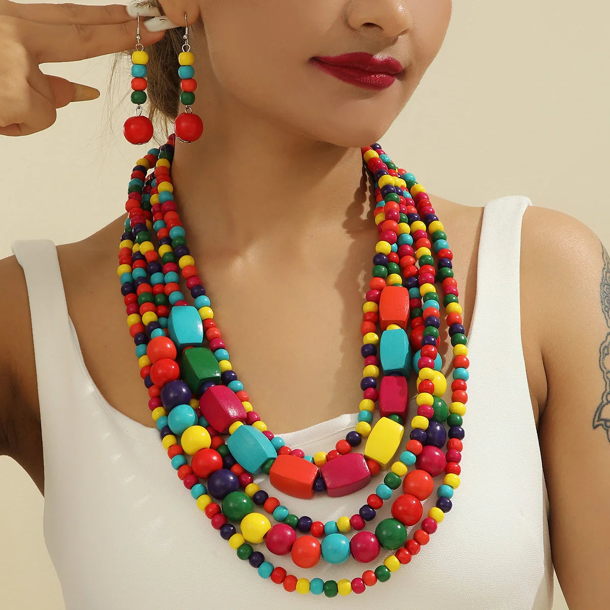 Colorful African Style Multi-Layer Wooden Bead Jewelry Sets Chokers Necklace Colorful Bohemian Necklace Earrings Set Party Jewel