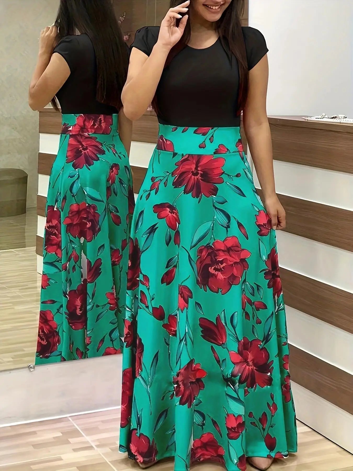 2024 European and American style flower print color matching short sleeved dress for women's large swing skirt BAZAARHUBO