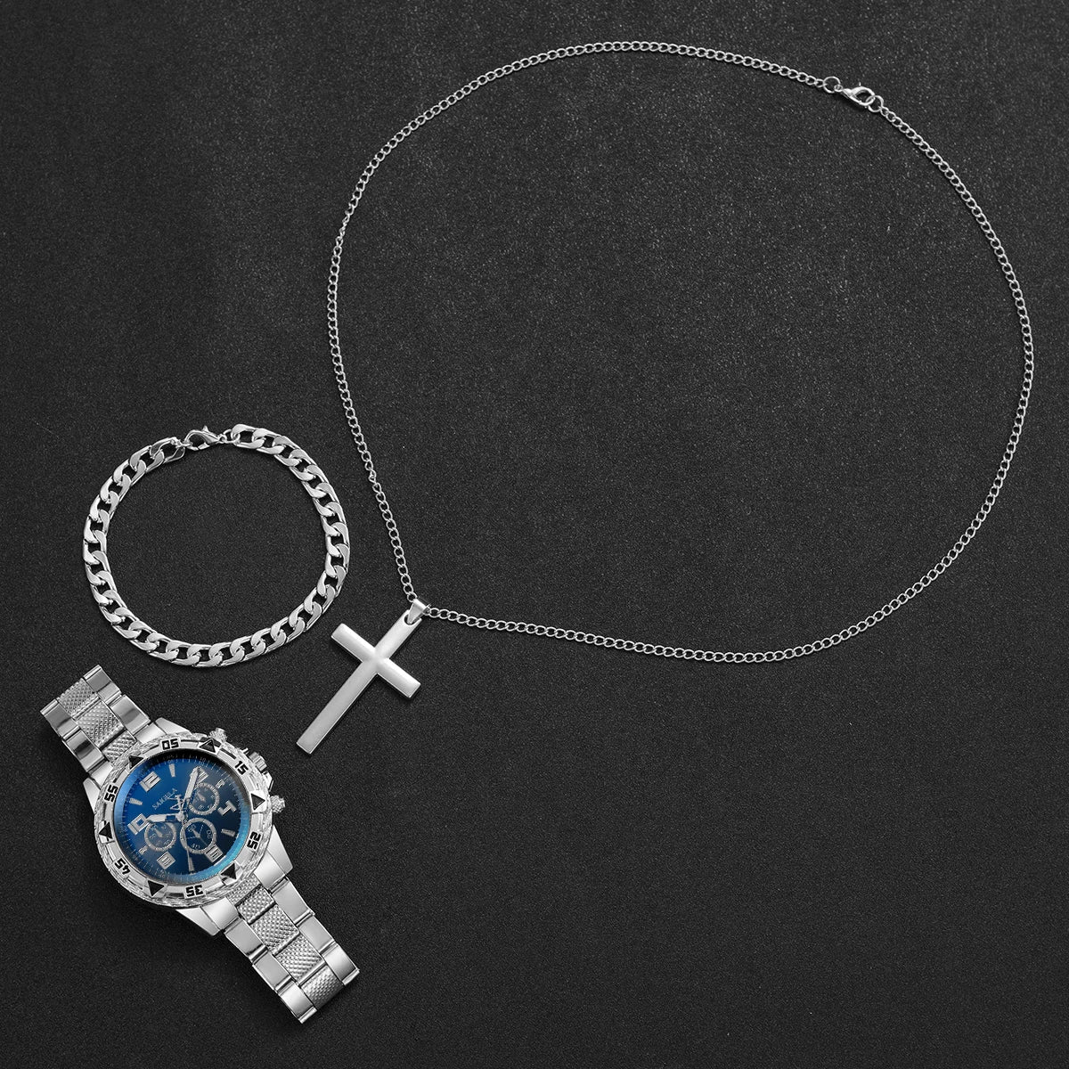 3PCS/Set Fashion Men's Quartz Watch Luxury Large Dial Men Business Watches Necklace Bracelet Set Reloj Hombre（Without Box）