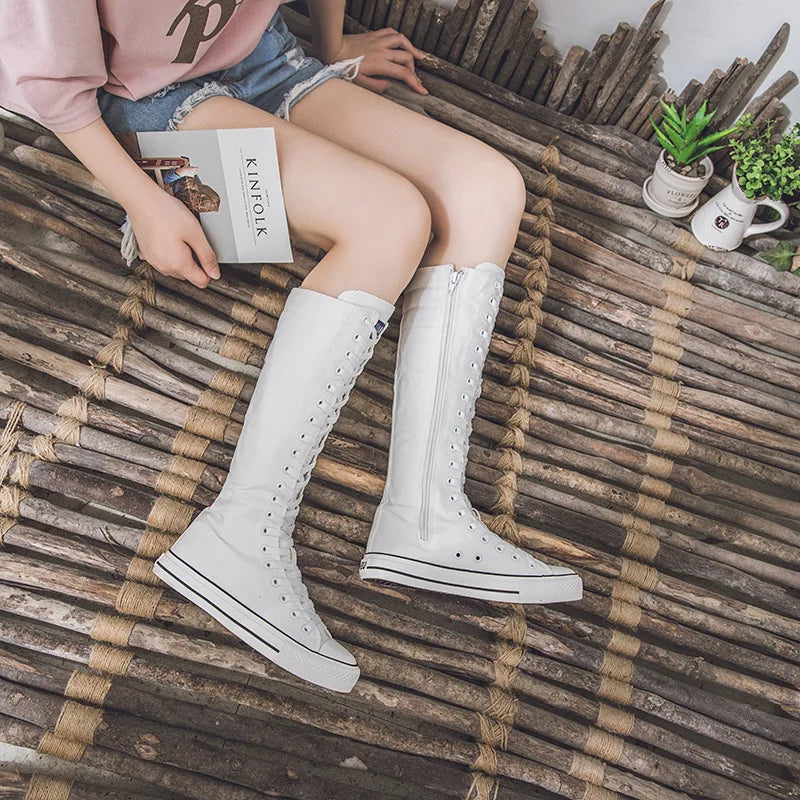 New Women's Canvas Boots Zip Shoes Comfortable Womens Shoes Flat High-top Female Sneakers Lace-up Knee-high Boots Bota Feminina