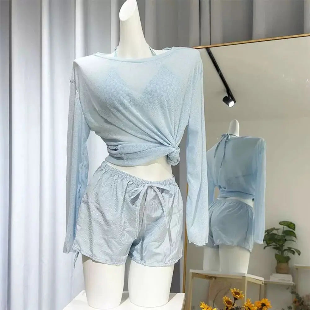 Casual Lace-up Women's Swimwear Set Mesh Transparent Beachwear 4Pieces Bikini Swimsuit Sun Protection Loose Bathing Suit Party