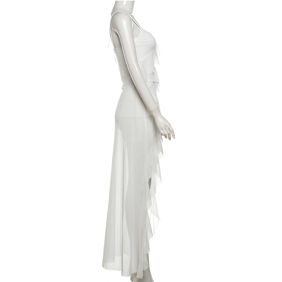 Sylcue White Sweet Gentle Mature Sexy Beautiful Summer Street Out Women'S Thin Perspective Tassel Design Long Sling Dress