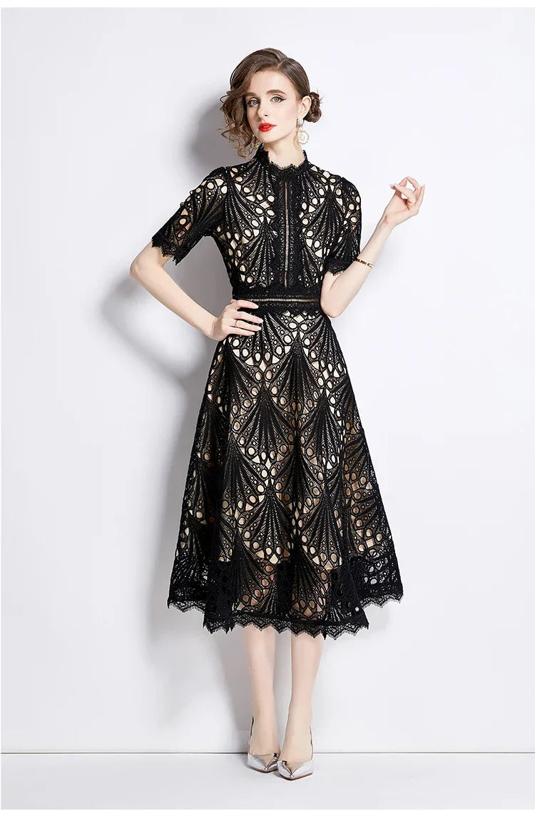 SMTHMA Vintage High-End O-Neck Short Sleeve Lace Hollow Out Dress For Women's Summer Slim Elegant Long Dress Female Clothing