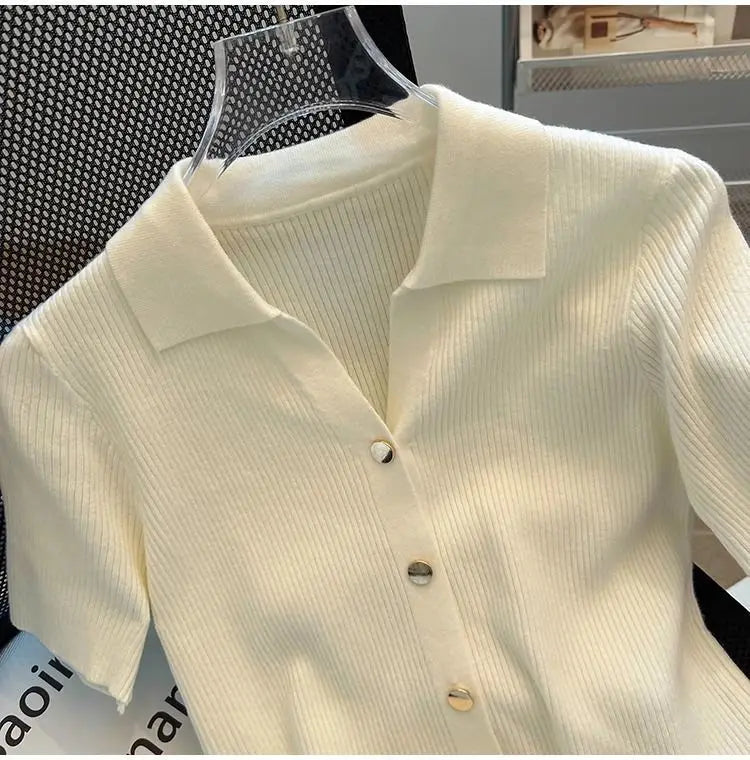 Knitted Polo Shirt  Women's Summer Cardigan Short Sleeve T-Shirt Casual Fashion Short Sleeve Tops Knitwear 2025 Korean Clothing