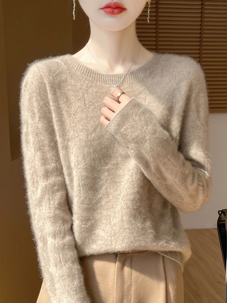 Women 100% Merino Wool Sweater Casual Hollow out Cashmere Blouse O-neck Pullover Tops Autumn Winter Warm Knit Woman Wool Sweater