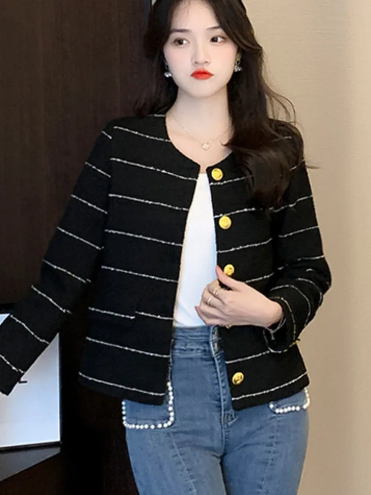 Korean Fashion Casual Small Fragrance Tweed Jacket Coat Women Fall Winter Fried Street Striped Coat Casaco Woolen Outwear Top