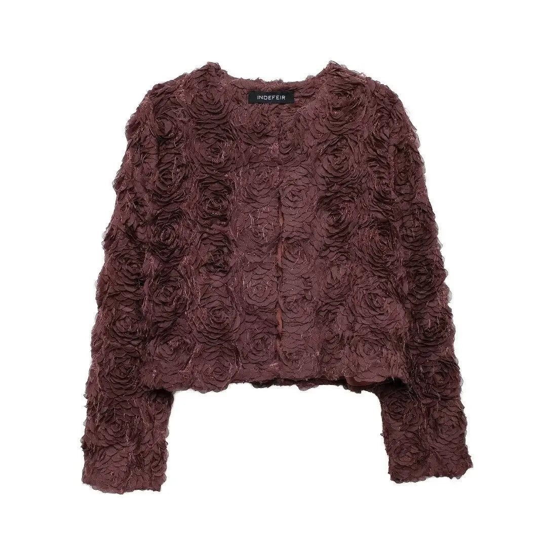 Spring and Autumn Simple Pure Color Round Neck Tops with Three-Dimensional Flower Shaped Texture Long Sleeved Jacket for Women