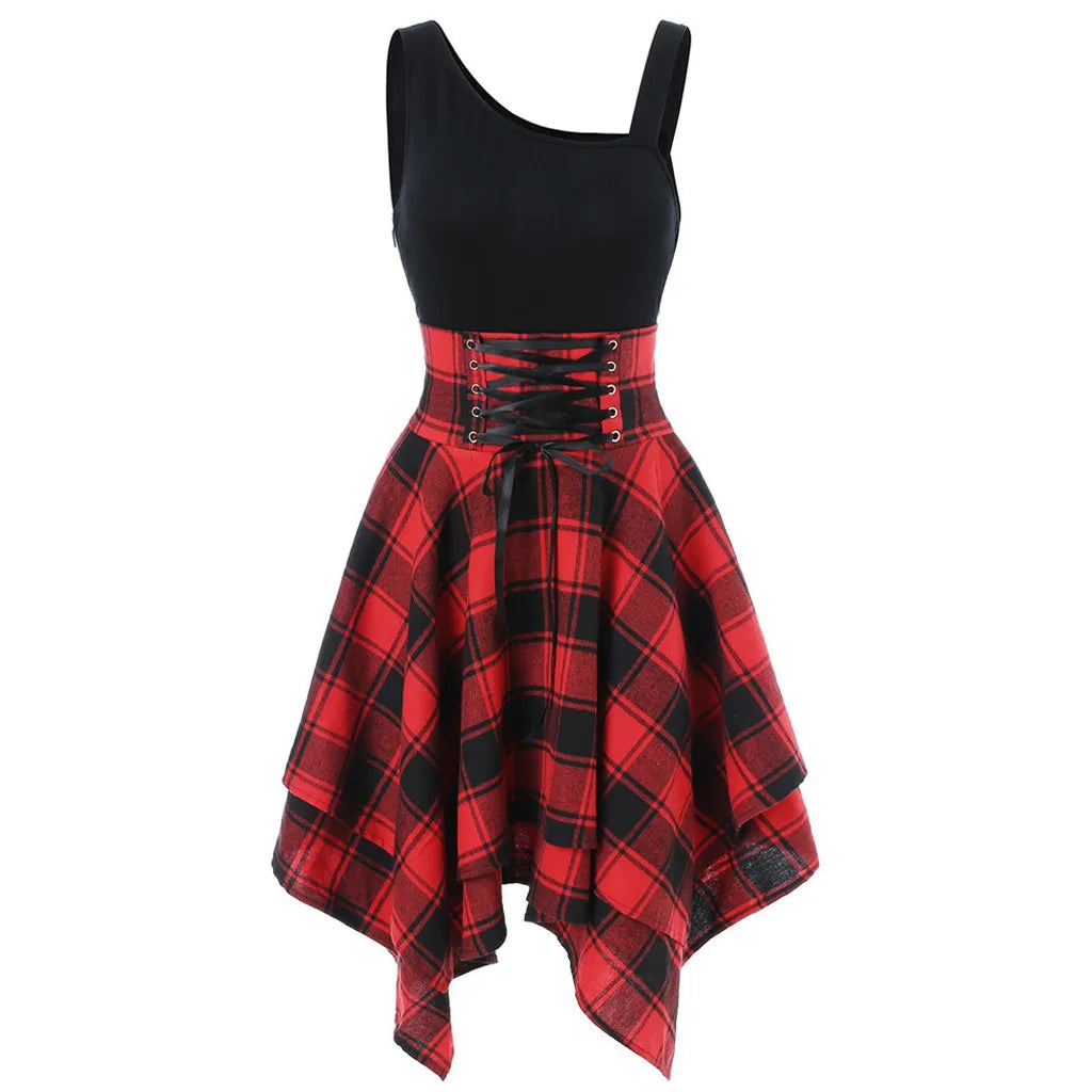 Elegant Classy Dresses For Women 2024 Sleeveless Cold Shoulder Cross Lace Up Plaid Print Irregular A-Line Dresses