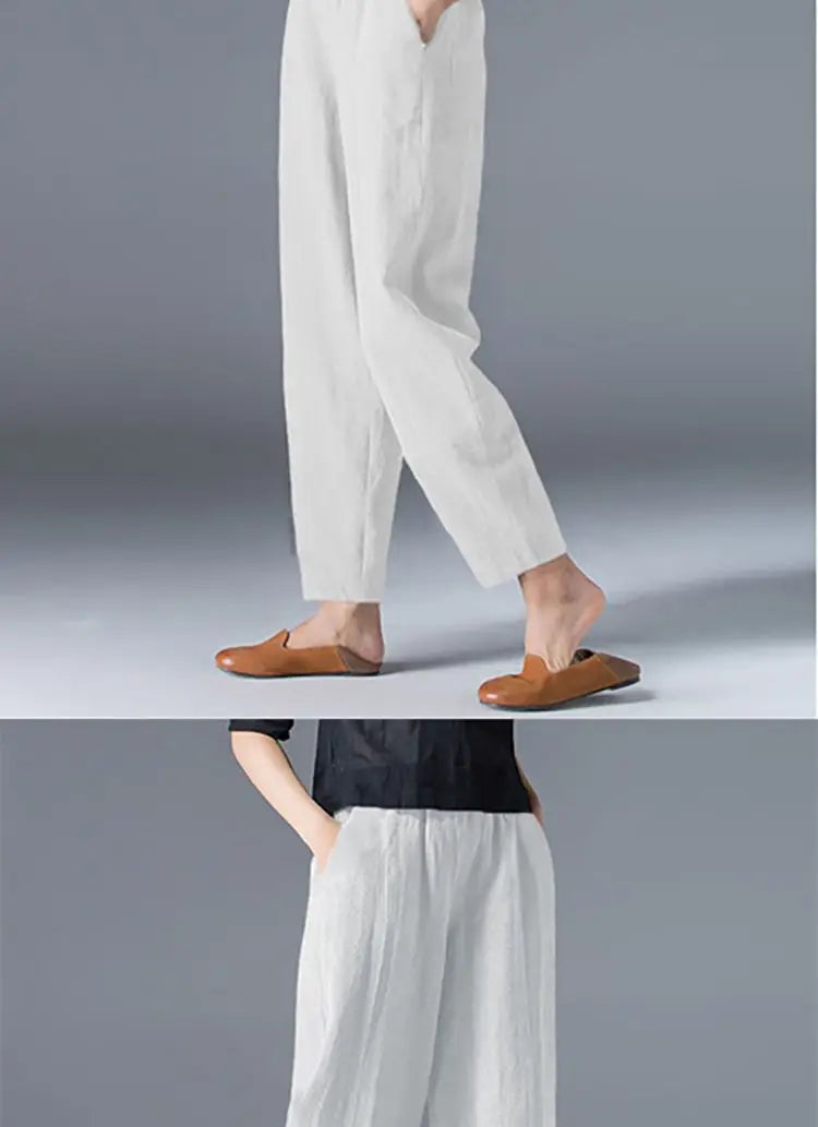 Cotton Wide Leg Pants Female Loose Oversized Solid Color Harem Summer Casual Elastic Waist Ankle-length Pants Women Clothing