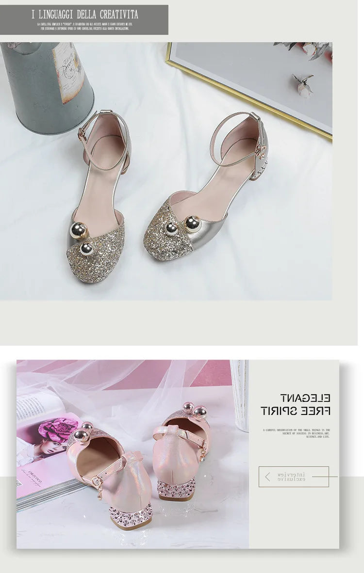 Princess Kids Leather Shoes Girls Sandal Sweet Pearl Casual Glitter Children High Heels Girls Party Dance Shoes Pink Gold Silver