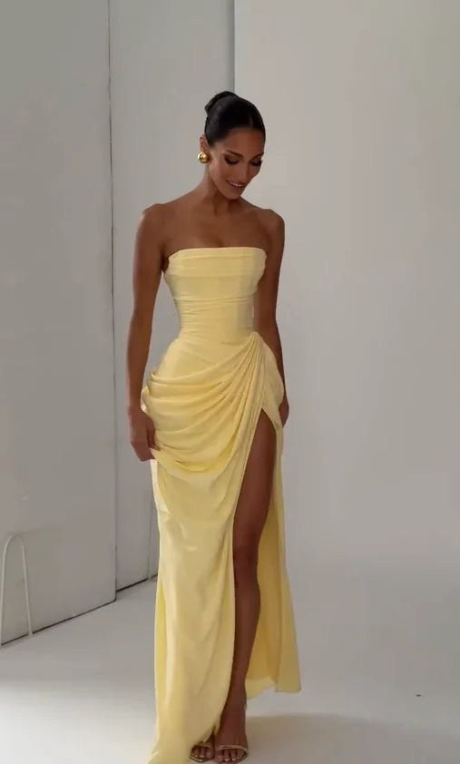Women Sexy Solid Pleated Strapless Dress Lady Chic Off-shoulder Backless High Waist Split Dresses 2026 New Evening Party Gown