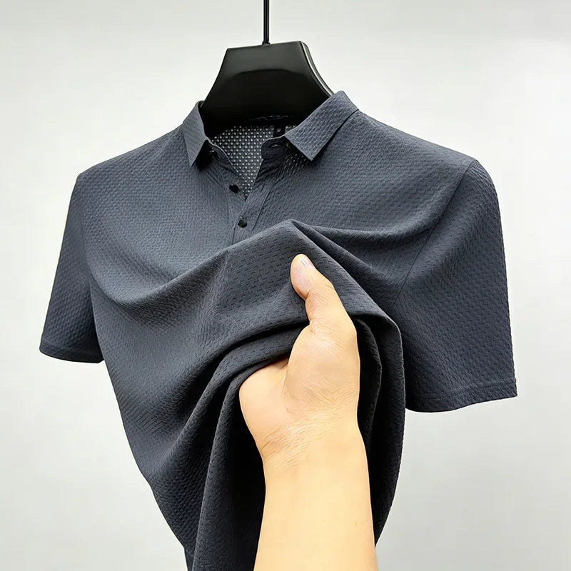 Men's Solid Color Short Sleeve Polo Shirt With Waffle Weave Design Fashionable Turn Down Collar Base Layer Ideal  Hiking Running
