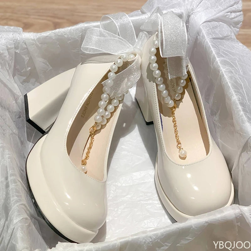 Ladies' elegant high heels Chunky Platform High Heels Women Leather Ankle Buckle Mary Jane Shoes Woman Pearl Pumps Zapatos Mujer