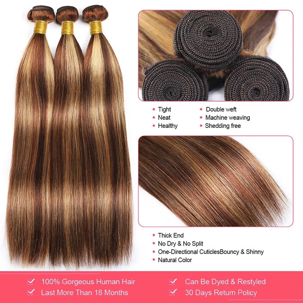 Highlight Human Hair Bundles 10A P4/27 Brazilian Raw Hair Weave Bundles Honey Blonde Straight Human Hair Bundles Hair Extensions