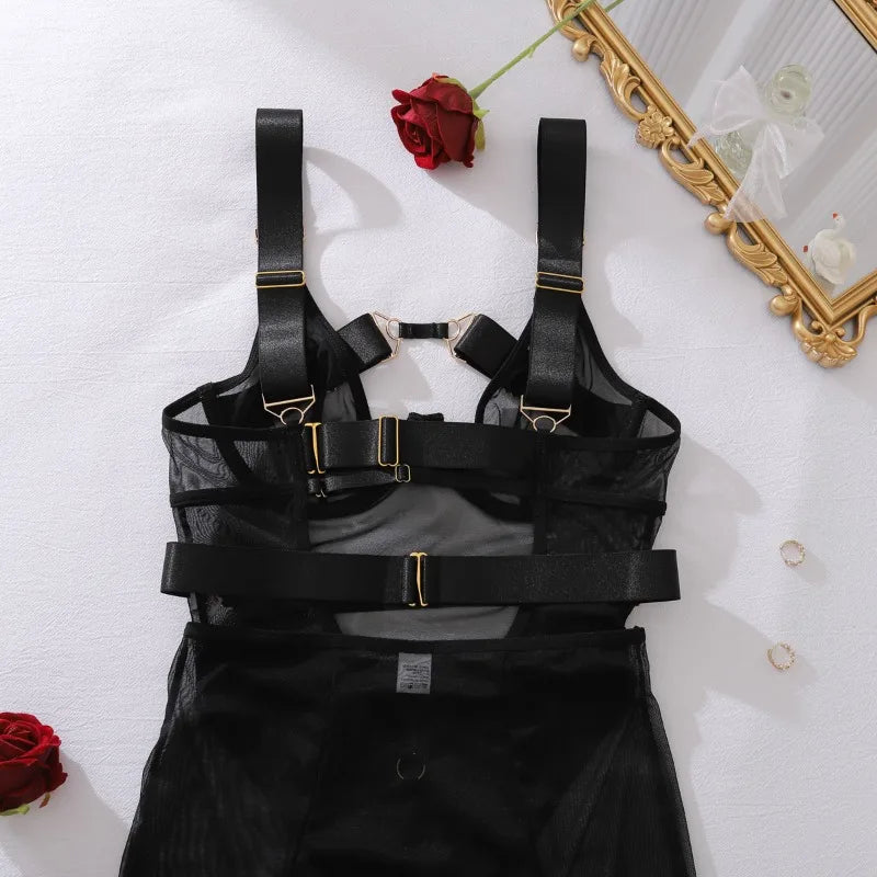 Women's Sexy 4-Pieces Lingerie Sets with Garter Belts Sissy Hot Sheer Mesh Bodysuit Skirt Bandage Porn Underwear Erotic Costumes