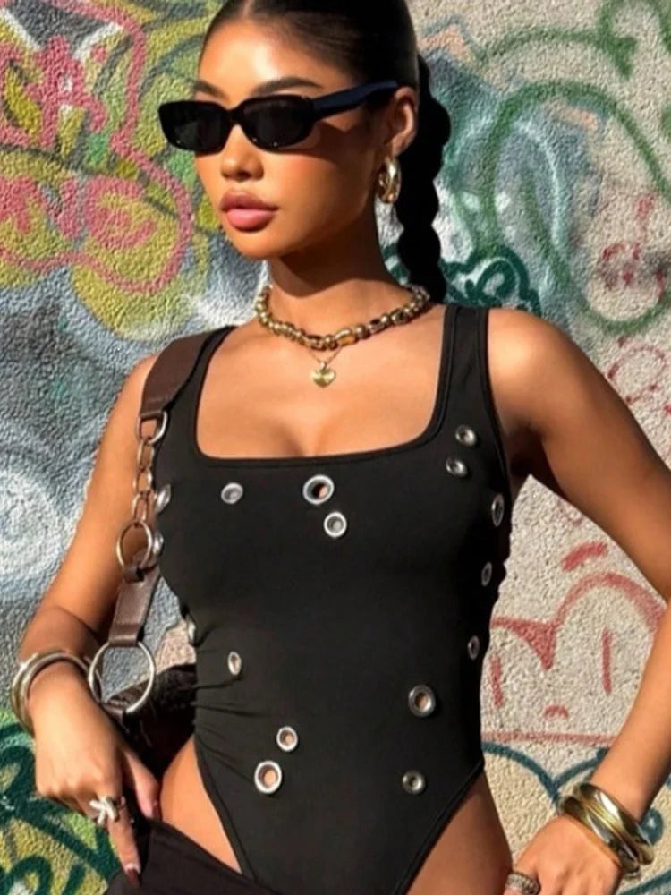 Summer Women's Sexy Spicy Girl Style Metal Eye Decoration Slim Fit Sleeveless Square Neck Vest Slim Fit Punk Jumpsuit Ins Style
