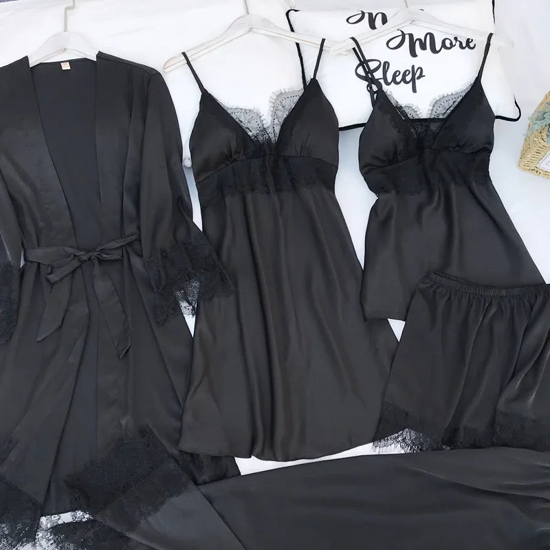 Women Pajamas Five Piece Set Spring Summer Sleepwear Nightgown Sexy Lace Bath Robe Gown Loose Silk Satin Home Wear Loungewear