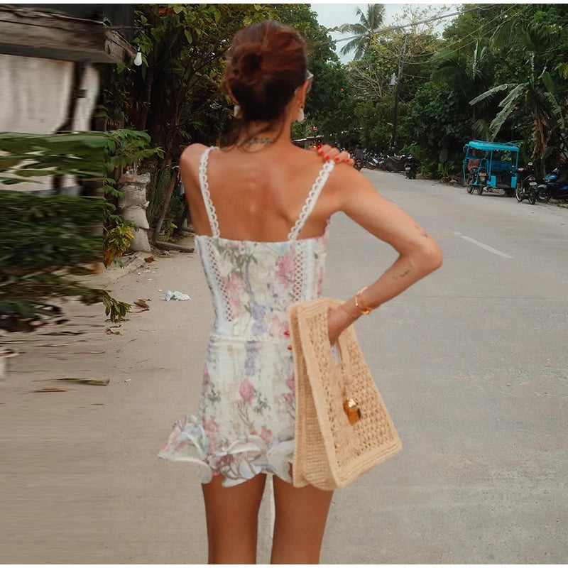 Floral Print Women Mini Skirt Set Lace Sleeveless Hollow Out Cami Shirred Waist Ruffle Hem Short Skirts 2026 Summer Chic Suit