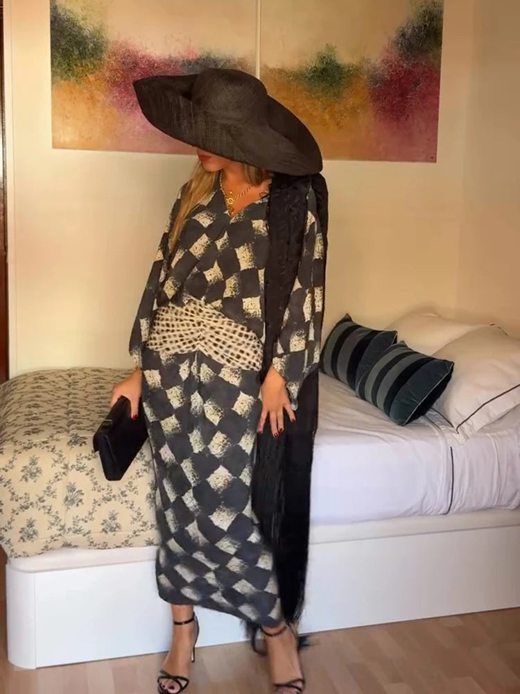 Elegant Plaid Printed Women's Dress V-neck Batwing Sleeve Waist Cinching Long Dress 2026 Spring Summer Casual Holiday Lady Robes