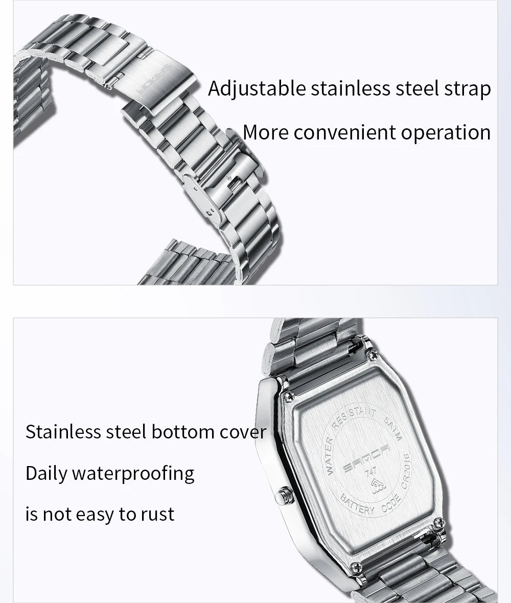 SANDA Men's and Women Watch Fashion Watches Business Style Alarm Clock Man Digital Wristwatch Square Dial Stainless Steel Strap