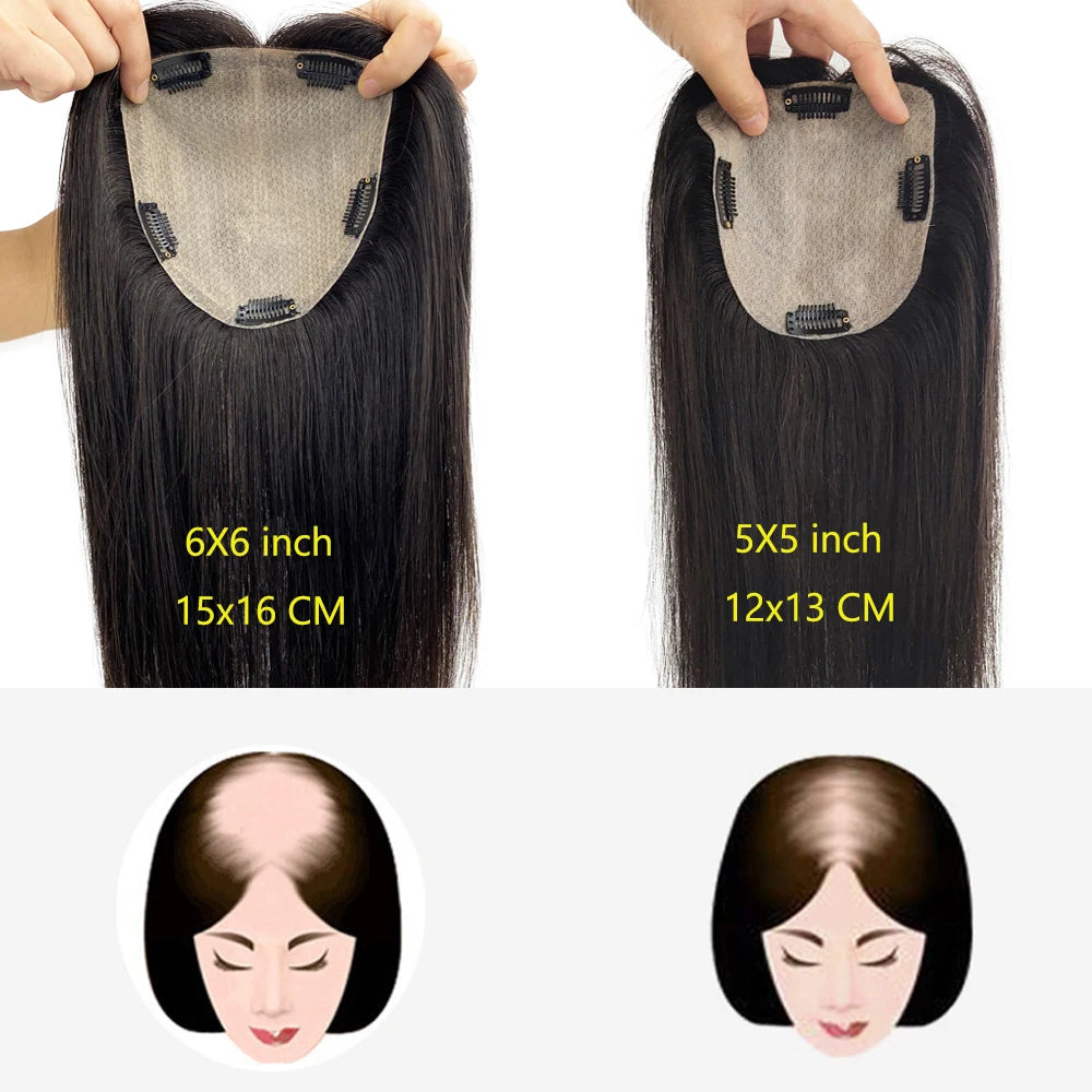 6X6inch Real Human Hair Topper for Women Virgin European Hair Toupee with Clips In Natural Hairline Scalp Base Fine Hairpiece