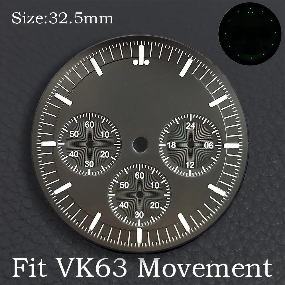 32.5MM Dial Fit VK63 Movement Green Luminous Dial Hands Men's Watches Part VK63 Watch Accessories Maintenance Tools