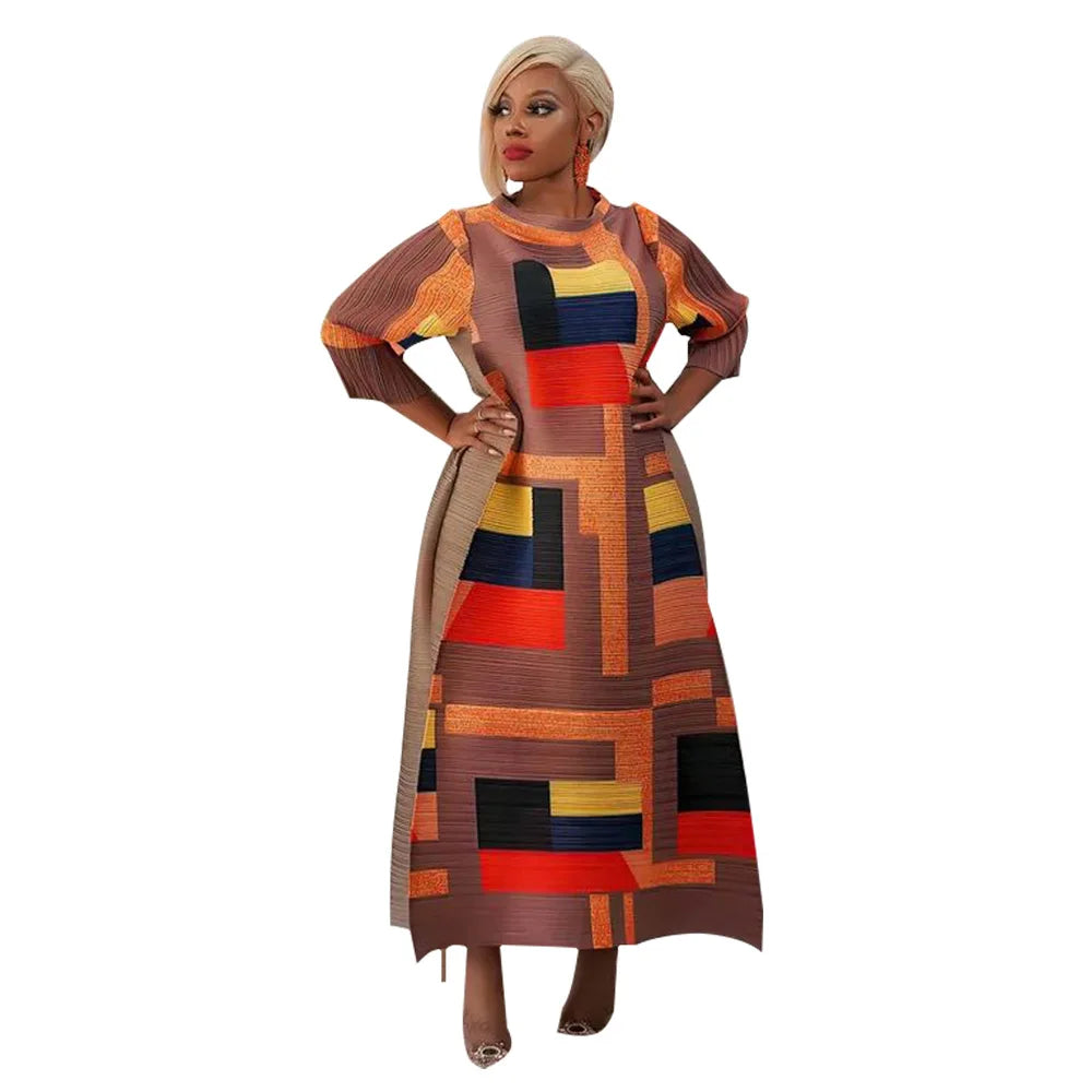 African Dresses for Women Summer Fashion Style African 3/4 Sleeve Polyester O-neck Pleated Dress Dashiki African Clothes Women