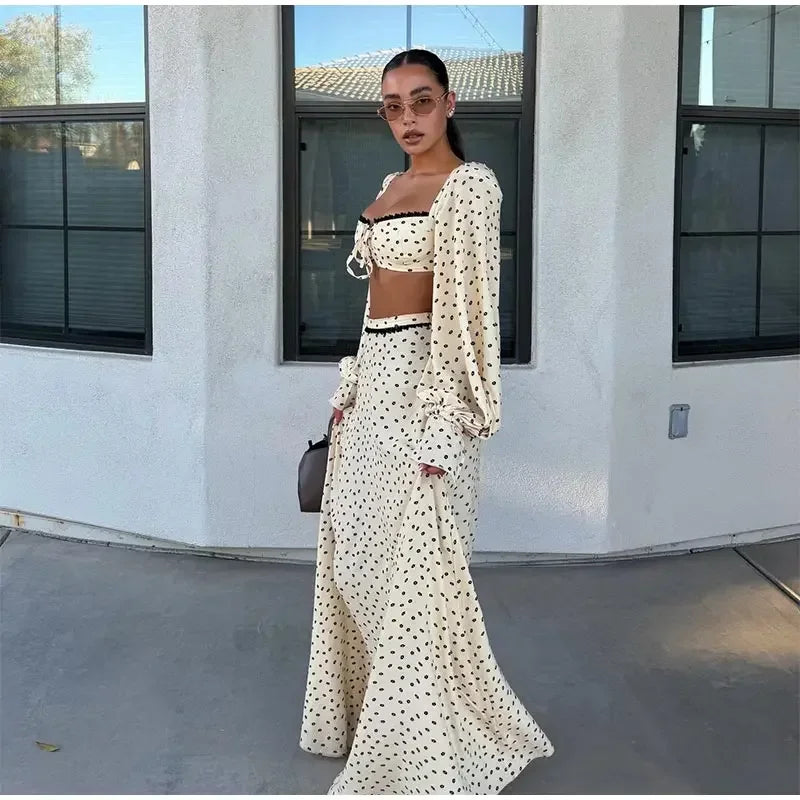 Fashion Women's Polka Dot Long Skirt Set Square Neck Lantern Sleeve Lace Crop Top High Waist A-line Skirts 2026 Summer Lady Suit