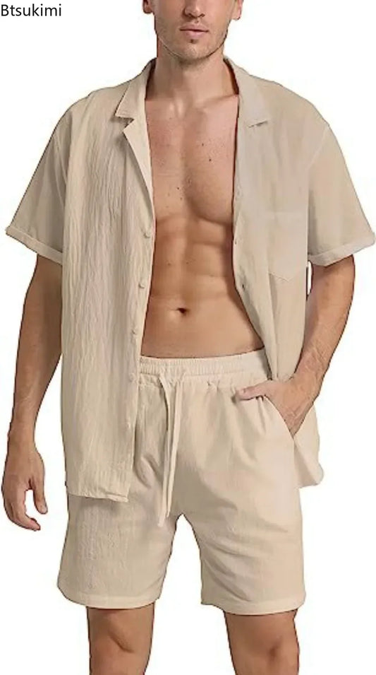 Men's Summer Cotton Linen Shirt Sets Outdoor Casual Sport Short Sleeve Shirt+Shorts 2 Piece Sets Men Comfy Breathable Beach Suit