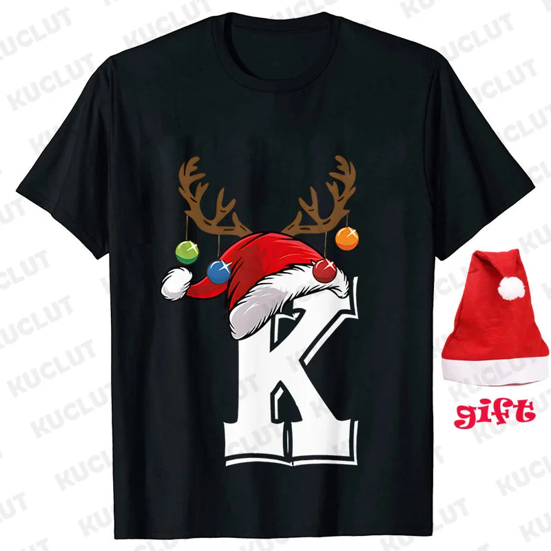 Funny Christmas Party Tshirt Fashion Women T Shirt Tops Short Sleeves T-shirt 26 A~Z Alphabet Casual Tees with Santa Hat Gift