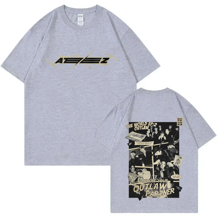 Hot Korean Kpop ATEEZ The World Ep: 2 Outlaw T-shirt 2025 World Tour Towards The Light Will To Power Tshirt Male Fashion Tees