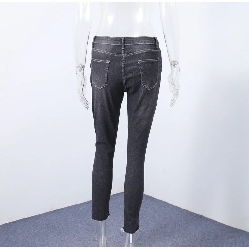 Women Ripped Jeans Low Waist Skinny Denim With Zipper Pockets Blue Y2K Summer