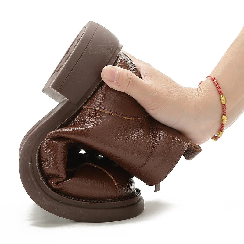 Xiuteng Autumn New Cowhide Mid-Heel Soft-Soled Women's Short Boots Retro Casual Leather  Boots Warm Women's Cotton Shoes