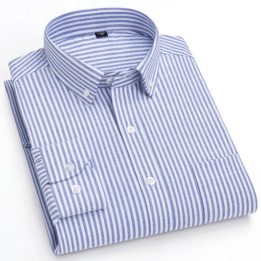 100%Pure Cotton Shirt Long Sleeve  Oxford Casual Solid Color Striped Regular Fit Formal Dress Shirt Men's Clothing 6XL 7XL