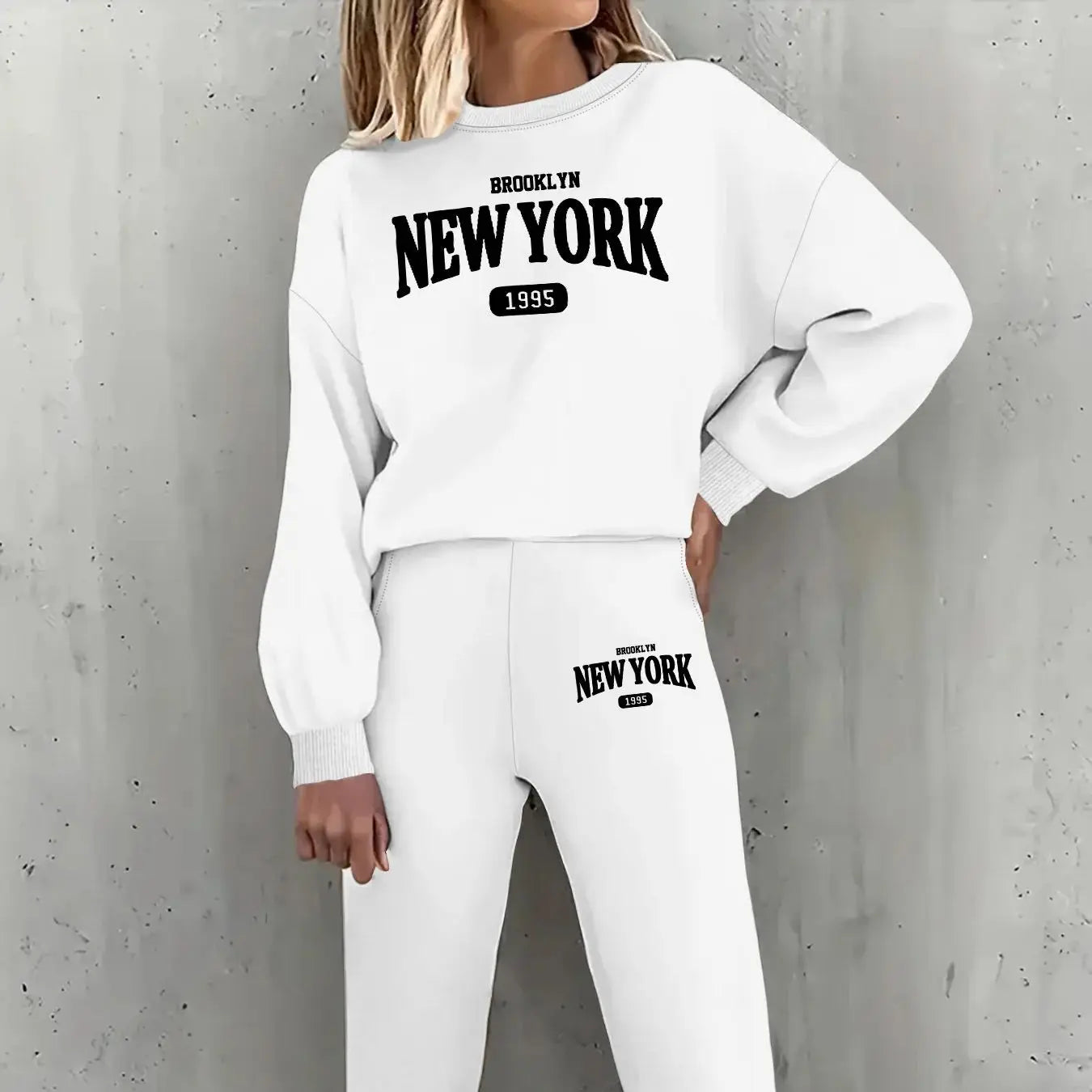 New York Print Two piece Set Casual Kangaroo Women's Casual Fashion Round Neck Sweatshirt, Solid Color Long Sleeves Sweatshirt,