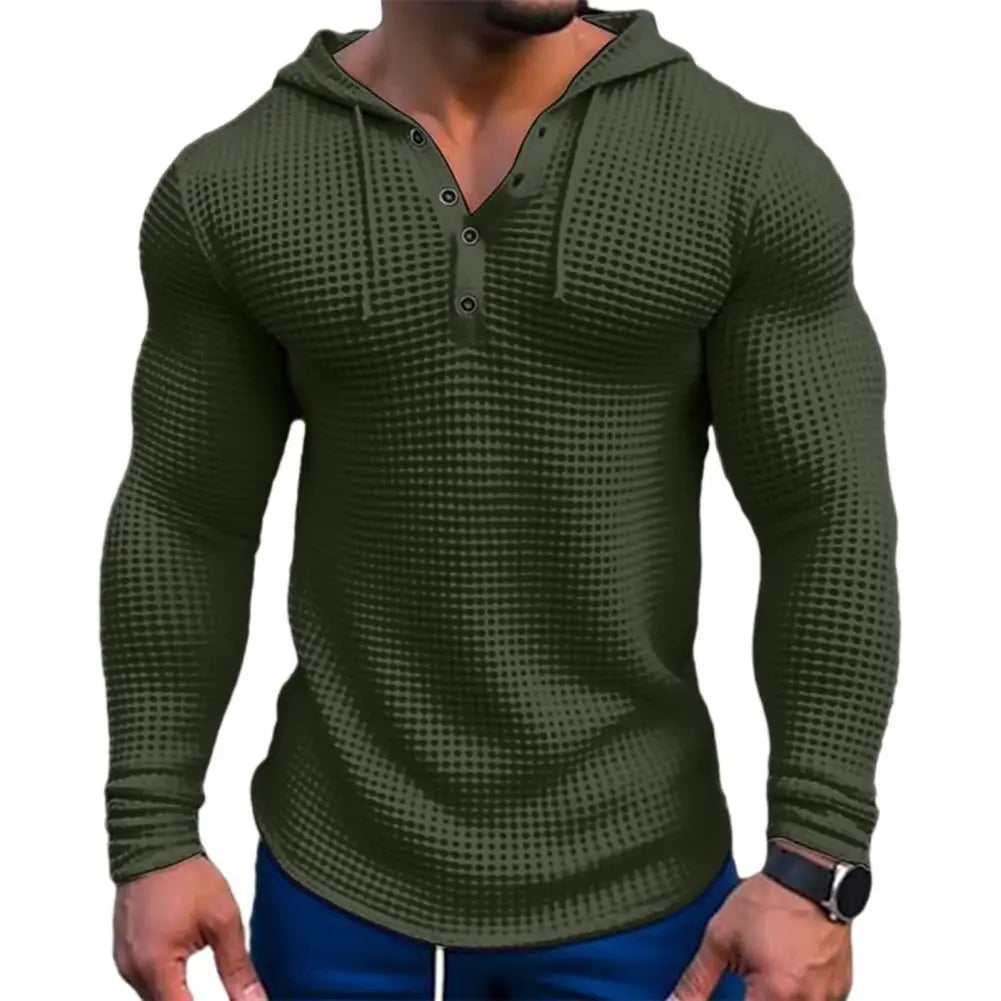 Spring Solid Color Slim Fit Long Sleeved T-shirt, Men's Hooded Breathable Sports Top, Waffle Cotton Casual Long Sleeved Shirt