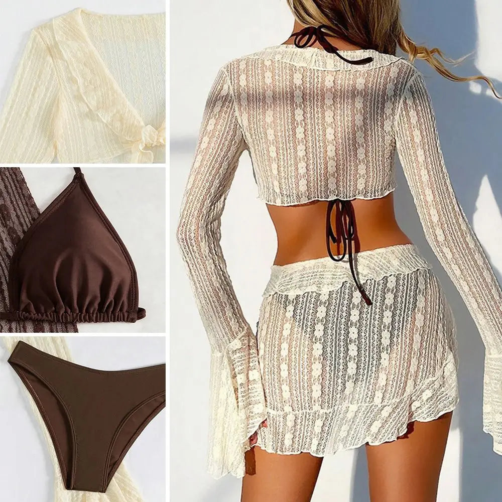 4Pcs/Set Fashion Summer Women Swimsuit Long-sleeve Party Cover-up Swimwear Vacation Casual Brazilian Beachwear for Women