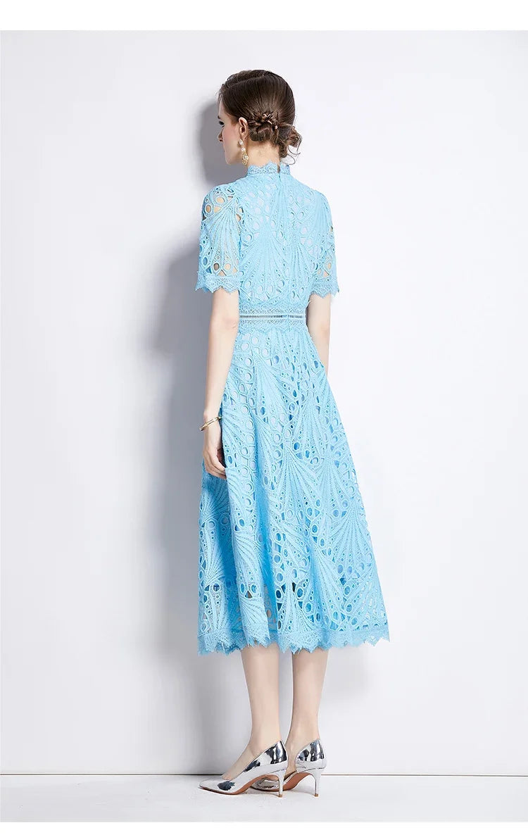 SMTHMA Vintage High-End O-Neck Short Sleeve Lace Hollow Out Dress For Women's Summer Slim Elegant Long Dress Female Clothing