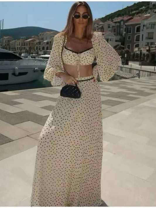 Elegant Female 2 Piece Skirt Set Polka Dots Printed Suit Cropped Short Sleeves Square Neck Top Slit High Waist Skirt Vintage Set