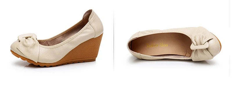 Genuine Leather 7cm High Heels Women Wedge Shoes Elegant Ladies Pure Black Beige Soft Comfortable