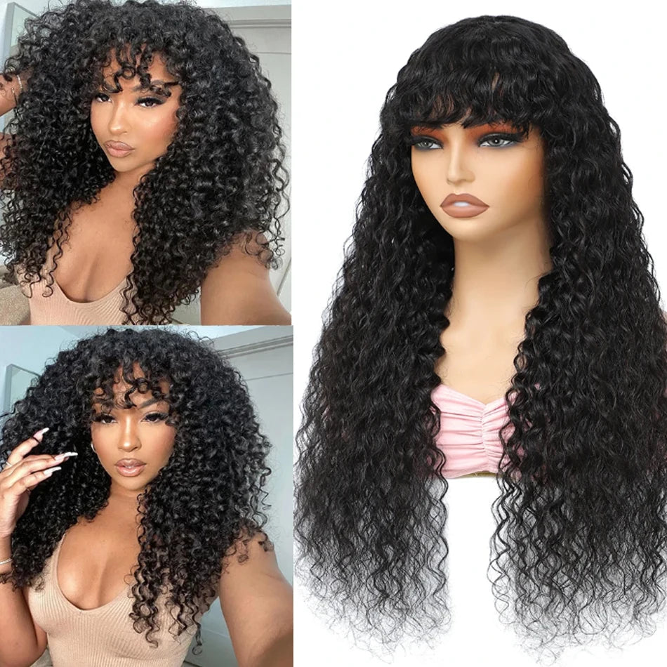 Water Wave Brazilian Human Hair Wig With Bangs Wear And Go Full Machine Made Wigs for Black Women Deep Wave Curly Wigs Glueless